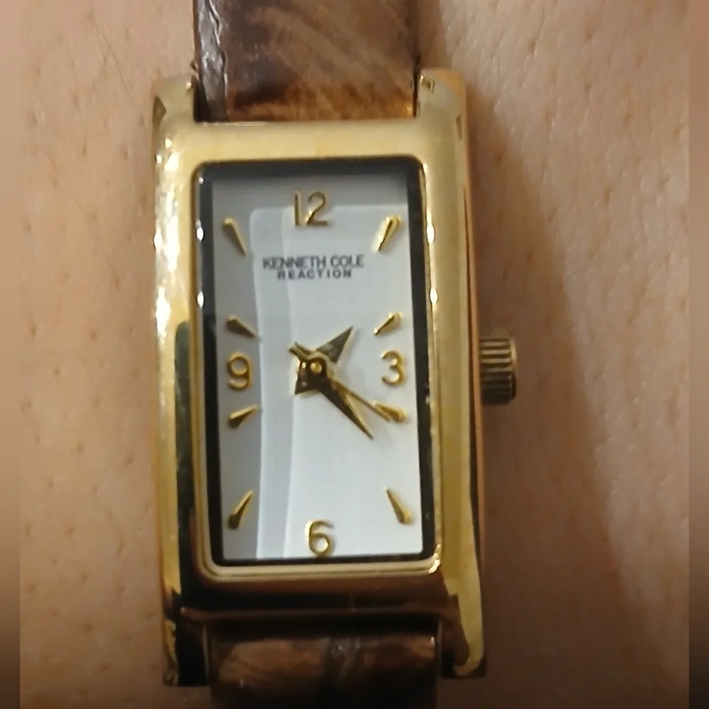 Vintage Genuine Leather Watch KENNETH COLE Women's Brown Rectangle Face Dainty